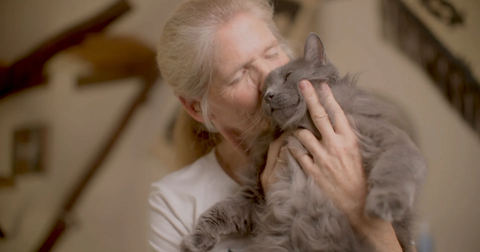 Beverly, San Antonio Pets Alive! Cat Foster of the Year, kisses a gray cat.