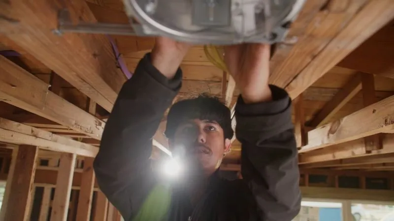 A worker with a flashlight checks a fixture in exposed wood framing during a City of San Antonio home repair.