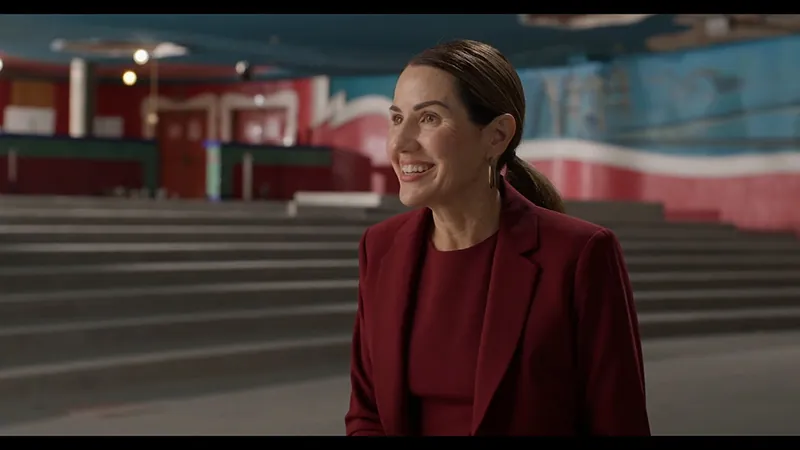 Lori Houston, in a red blazer, smiles during her Power of Preservation Vision Award interview.