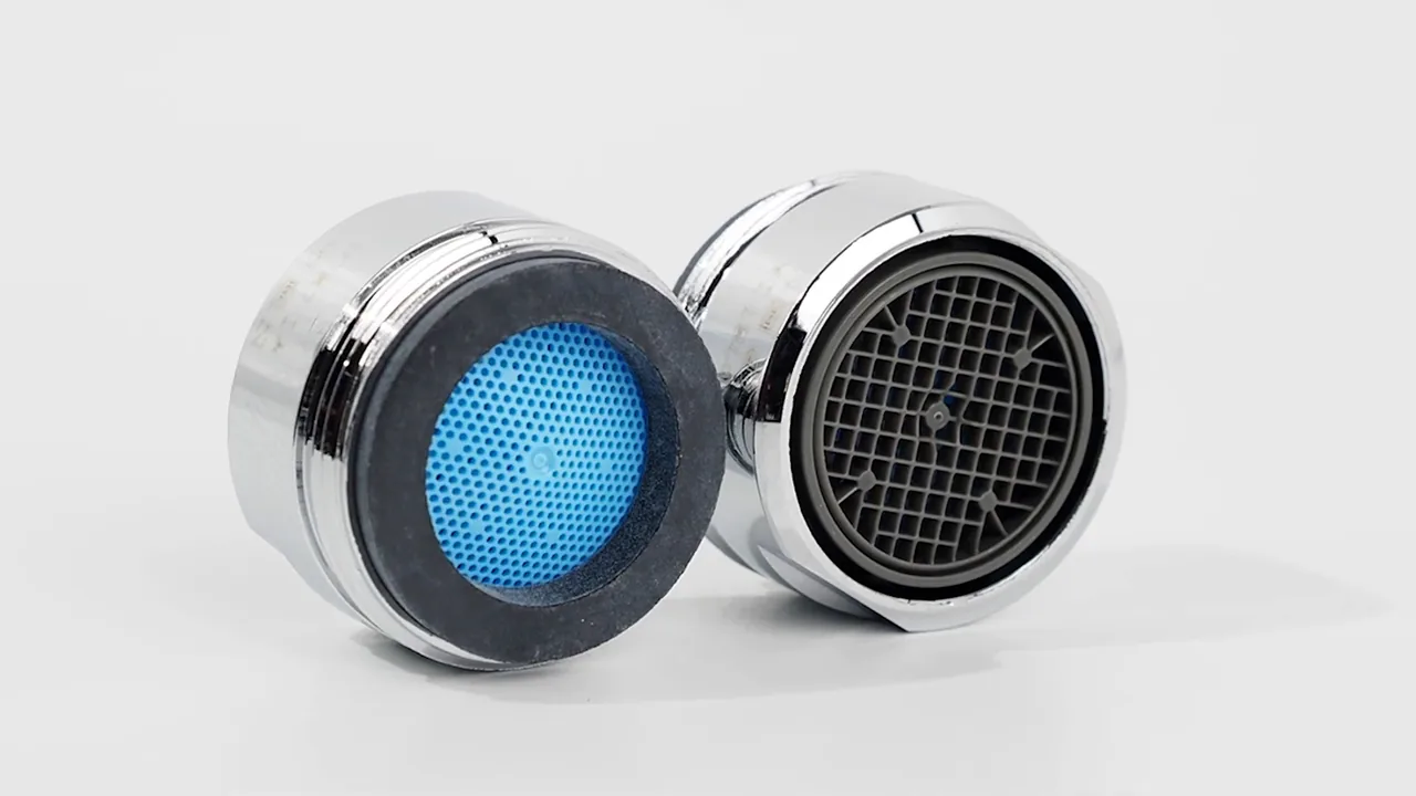 Two chrome faucet aerators, one with a blue filter, on a white background.