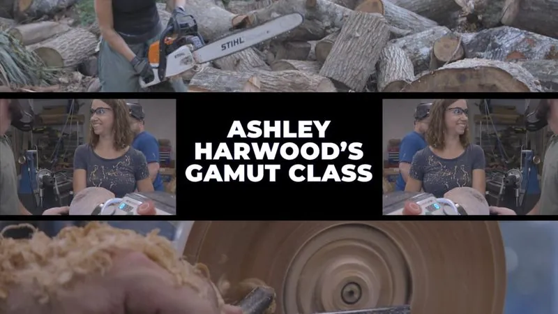 Title card for Ashley Harwood's Gamut Class between shots of logs, a chainsaw and a spinning lathe.
