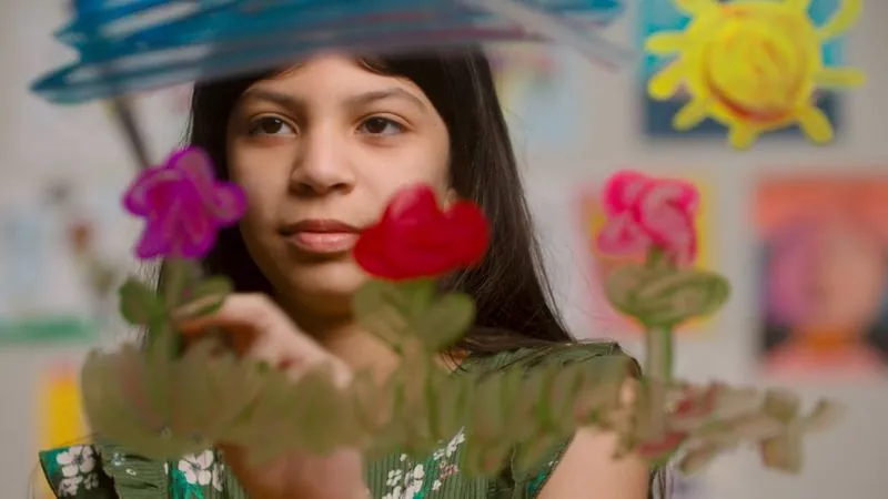 A Roosevelt Dual Language Academy student peers past a painted glass panel of red flowers in an art room.