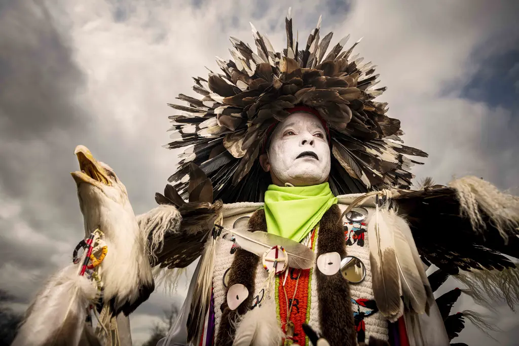 Powwow dancer in white face paint, a feathered headdress and eagle regalia against a stormy sky