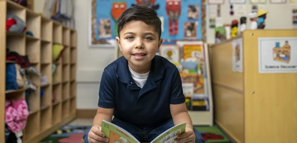 Young boy in a navy polo shirt holding a picture book in a classroom reading area
