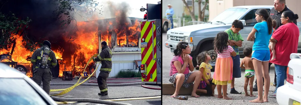 Two panels: firefighters with hoses work beside a fire engine as flames engulf a mobile home, and a mother holding a baby and her children talk with a man outside.