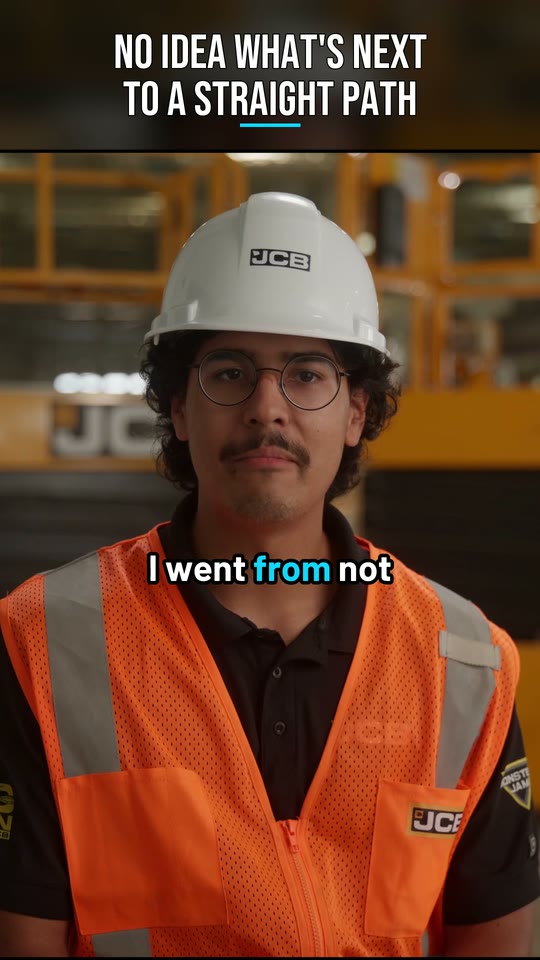 Vertical frame from the JCB apprenticeship Short: an apprentice in a white JCB hard hat and orange safety vest, with the headline at the top and the caption below his chin.