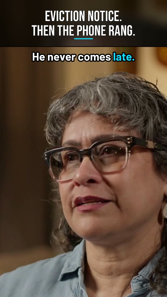 Vertical frame from the SAMMinistries Short: Roxy Caldbeck, in glasses and a denim shirt, with the headline at the top and the caption above her head.